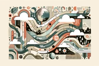 Horizontal illustration showcasing digital activism with a minimalist design, blended with abstract climate art elements that depict digital activism, human rights, and the climate crisis.