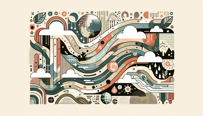 Horizontal illustration showcasing digital activism with a minimalist design, blended with abstract climate art elements that depict digital activism, human rights, and the climate crisis.