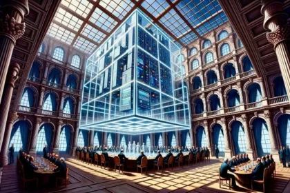 In a Magritte-style scene, a traditional brick and stone embassy stands adjacent to a transparent, futuristic structure symbolizing a 'digital ambassador' powered by AI and diplomacy. Algorithms and data flow like rivers of light through the transparent walls of this modern edifice. Meanwhile, in the traditional embassy, human diplomats in formal attire gather around a table, discussing international matters through open windows.