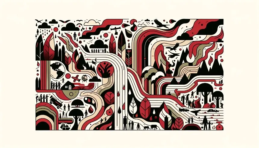 Minimalist horizontal illustration with abstract elements depicting the challenges and struggles of environmental activists, particularly in the context of Latin America and the Amazon. The image merges clean lines and simple shapes with textures that convey the severity of violence and the urgency of environmental protection.