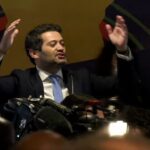André Ventura, President of the populist Chega political party, delivers a speech on the night of the 2022 Portuguese legislative elections.
