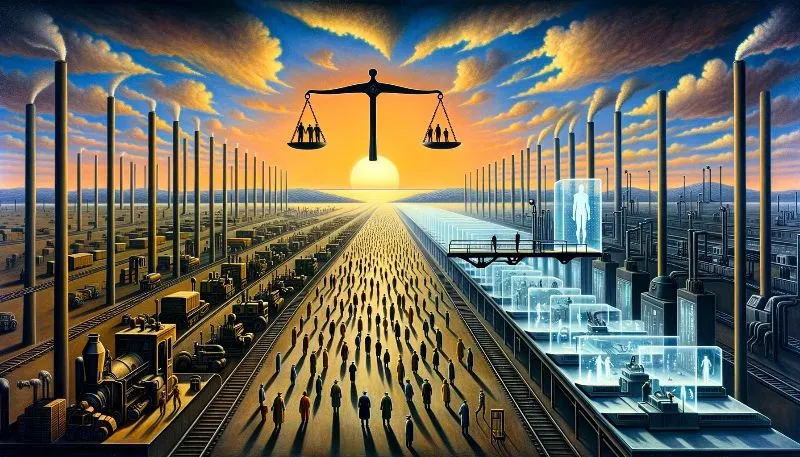 A vast industrial landscape gradually transitions into a digital world. Human workers, recognizable by their traditional uniforms, fade into translucent silhouettes as they approach the automated side dominated by machines and holographic displays. Overhead, a giant balance scale floats in the sky, with a human figure on one side and a robotic arm on the other, symbolizing the balance between humanity and automation. The horizon showcases a setting sun, casting a warm yet somber light over the entire scene, hinting at the changing times.