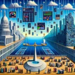 Un vasto paisaje en la intersección de una ciudad y un reino digital. El lado de la ciudad muestra edificios gubernamentales tradicionales y personas discutiendo sobre política. El lado digital se transforma en un paisaje urbano inspirado en circuitos con estructuras de IA y pantallas holográficas que muestran datos. En el centro, una gran balanza equilibra una figura humana (que representa la gobernanza democrática) y un robot (que representa la IA ética). Arriba, un cielo lleno de infografías flotantes mostrando diversas opiniones públicas sobre la IA en la política.