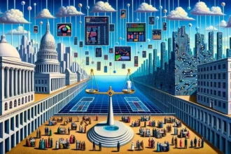 A vast landscape at the intersection of a city and a digital realm. The city side shows traditional governmental buildings and people discussing politics. The digital side morphs into a circuitry-inspired cityscape with AI structures and holographic screens displaying data. At the center, a large scale balances a human figure (representing democratic governance) and a robot (representing ethical AI). Above, a sky filled with floating infographics showing diverse public opinions on AI in politics.
