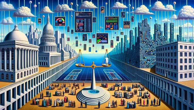 A vast landscape at the intersection of a city and a digital realm. The city side shows traditional governmental buildings and people discussing politics. The digital side morphs into a circuitry-inspired cityscape with AI structures and holographic screens displaying data. At the center, a large scale balances a human figure (representing democratic governance) and a robot (representing ethical AI). Above, a sky filled with floating infographics showing diverse public opinions on AI in politics.