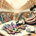 Horizontal illustration that presents a scene where a Renaissance artist, clad in period attire and holding a feathered quill, is sketching a design commonly found in contemporary street murals. In the background, a bustling Renaissance market unfolds, albeit with modern touches like people wearing headphones or using smartphones.