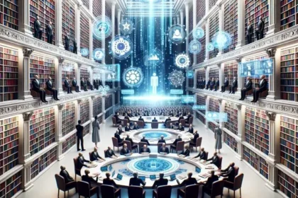 Democracy in the AI Era: In a horizontal format, an expansive digital library showcases the impact of AI on politics. Traditional political knowledge is represented by shelves full of books, while floating holographic screens display AI analytics, voter data, and real-time news. Human scholars and politicians examine the books, whereas AI entities are focused on analyzing the digital data. A grand table in the center serves as a meeting point for both human politicians and AI entities, embodying the collaborative spirit of this new political age.