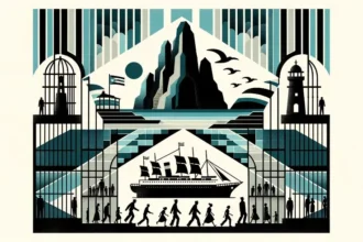 Collage depicting an island in shades of gray and blue, symbolizing Cuba. On one side, stylized silhouettes of young individuals walking towards a ship, representing their forced exile. On the opposite end, a prison with bars and silhouettes of youth behind them. Geometric elements and typical art deco patterns frame the scene, highlighting the contrasting fates of those who leave and those who remain.
