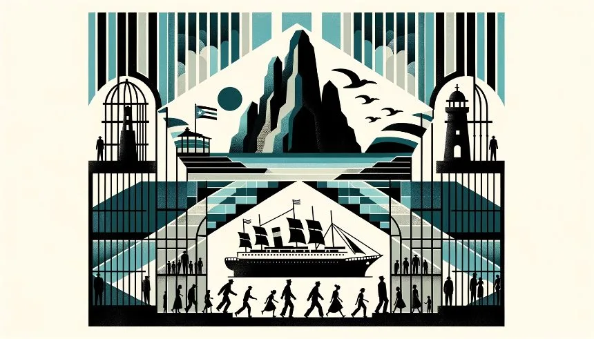 Collage depicting an island in shades of gray and blue, symbolizing Cuba. On one side, stylized silhouettes of young individuals walking towards a ship, representing their forced exile. On the opposite end, a prison with bars and silhouettes of youth behind them. Geometric elements and typical art deco patterns frame the scene, highlighting the contrasting fates of those who leave and those who remain.