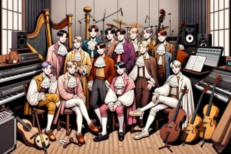 Horizontal illustration that fuses the Renaissance with K-Pop. A group of idols, dressed in Renaissance attire, poses for a group portrait. However, instead of a classical setting, they are in a modern recording studio with contemporary instruments and equipment
