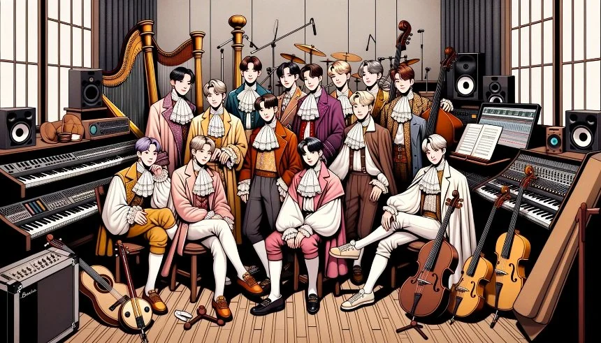 Horizontal illustration that fuses the Renaissance with K-Pop. A group of idols, dressed in Renaissance attire, poses for a group portrait. However, instead of a classical setting, they are in a modern recording studio with contemporary instruments and equipment