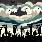 Horizontal collage depicting a mountainous landscape, evoking the Kurdish regions, in shades of gray and blue. In the foreground, stylized silhouettes of Kurdish journalists with cameras and microphones, while shadows of governmental figures attempt to silence them and suppress their cultural identity.