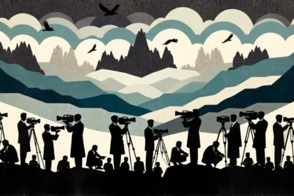 Horizontal collage depicting a mountainous landscape, evoking the Kurdish regions, in shades of gray and blue. In the foreground, stylized silhouettes of Kurdish journalists with cameras and microphones, while shadows of governmental figures attempt to silence them and suppress their cultural identity.