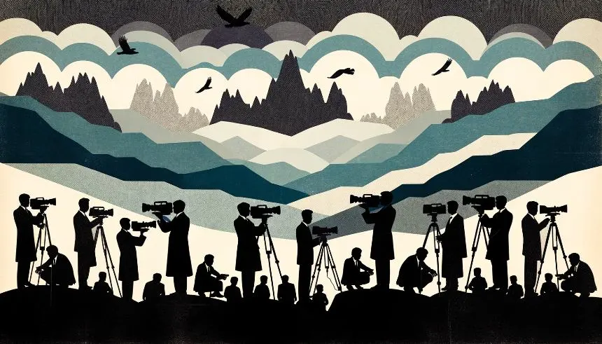 Horizontal collage depicting a mountainous landscape, evoking the Kurdish regions, in shades of gray and blue. In the foreground, stylized silhouettes of Kurdish journalists with cameras and microphones, while shadows of governmental figures attempt to silence them and suppress their cultural identity.