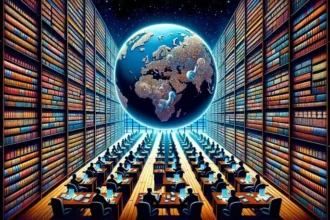 Peacekeeping with AI: A vast library with shelves filled with books. Instead of titles, each book showcases complex geopolitical patterns. In the center, a giant crystal ball illuminates a world map, highlighting potential conflict zones. Silhouettes of traditional geopolitics experts are contrasted with digital AI entities, analyzing the patterns together.