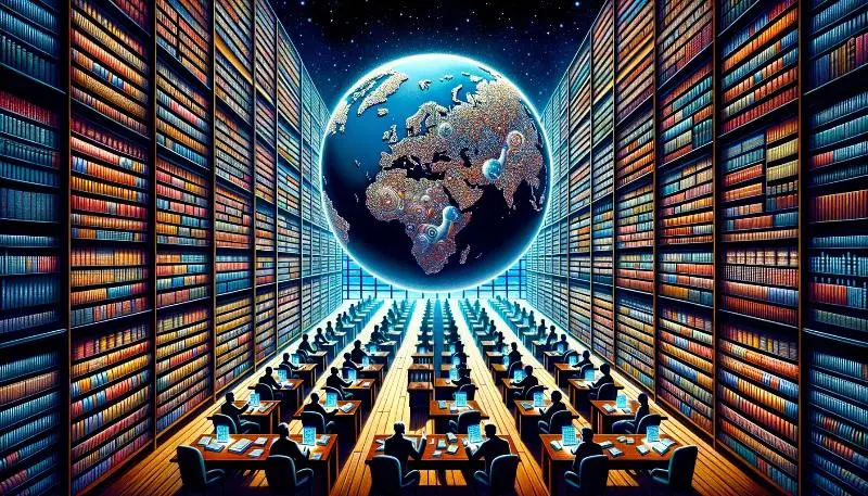 Peacekeeping with AI: A vast library with shelves filled with books. Instead of titles, each book showcases complex geopolitical patterns. In the center, a giant crystal ball illuminates a world map, highlighting potential conflict zones. Silhouettes of traditional geopolitics experts are contrasted with digital AI entities, analyzing the patterns together.