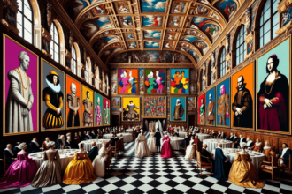 Lavish Renaissance hall, filled with gentlemen and ladies donned in exquisite garments. The walls are adorned with large paintings, drawing inspiration from Pop culture characteristics. While one painting might use the repetition of an object, another showcases the serialized representation of a popular figure of the era. Bright and contrasting colors from the Pop Art world are blended seamlessly with the deep and rich colors of the Renaissance.