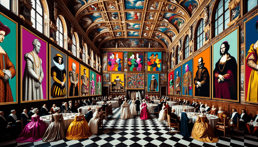 Lavish Renaissance hall, filled with gentlemen and ladies donned in exquisite garments. The walls are adorned with large paintings, drawing inspiration from Pop culture characteristics. While one painting might use the repetition of an object, another showcases the serialized representation of a popular figure of the era. Bright and contrasting colors from the Pop Art world are blended seamlessly with the deep and rich colors of the Renaissance.
