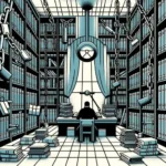 illustration of a library or study room in shades of gray, blue, and white. In the center, a researcher with a magnifying glass is surrounded by books and documents, with overlapping chains and bars symbolizing restrictions on academic freedom.
