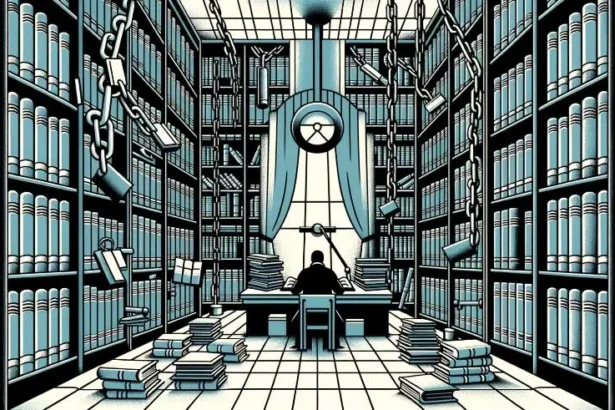 illustration of a library or study room in shades of gray, blue, and white. In the center, a researcher with a magnifying glass is surrounded by books and documents, with overlapping chains and bars symbolizing restrictions on academic freedom.