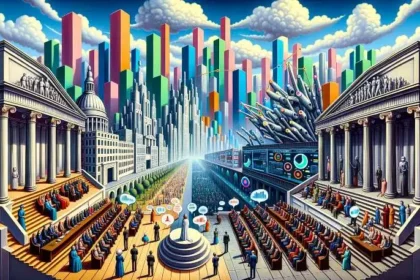 In horizontal format, a city scape. Traditional governmental buildings on one side, juxtaposed with a futuristic AI-driven metropolis on the other. Citizens of diverse backgrounds navigate both realms, expressing their views through digital bubbles. At the city's heart, a grand assembly hall hosts a debate: human politicians on one side, AI entities on the other, discussing the article's themes. The sky above displays bar charts and graphs, visualizing public opinion on AI in politics.