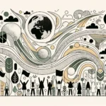 Minimalist horizontal illustration with abstract elements related to climate, depicting the global youth uprising and climate activism inspired by Greta Thunberg. The image integrates clean lines and simple shapes with textures or patterns that convey the urgency and determination of the youth movement. While the portrayal is abstract, the central theme of youth activism and intergenerational climate justice is evident and aligned with the article's content.