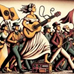 Música pop: Una mujer en el centro sostiene una guitarra eléctrica y lleva auriculares modernos. Las demás figuras, vestidas con atuendos del siglo XIX, sostienen instrumentos musicales en lugar de armas.