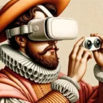 Renaissance-style illustration evoking gaming, depicting a 16th-century knight wearing virtual reality glasses.