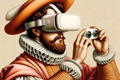 Renaissance-style illustration evoking gaming, depicting a 16th-century knight wearing virtual reality glasses.