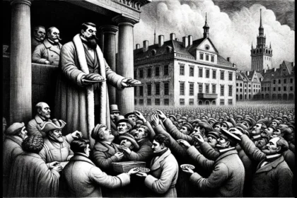 Electoral Dynamics: An authoritarian leader stands elevated in the center, overseeing his henchmen distribute bread and coins to the populace below. In the foreground, one of the henchmen discreetly hands over pre-marked ballots to the citizens. The scene, set in a city square, is intricately detailed, showing the nuances of the buildings and expressions of the people.