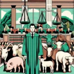 A courtroom setting with a balance of nature and urban elements in the background. In the foreground, a human figure, representing Jordi Casamitjana, stands with a group of animals, symbolizing ethical veganism. Behind them, legal documents and scales of justice are displayed, emphasizing the legal context. The overall tone is contemplative, highlighting the intersection of law, ethics, and veganism.