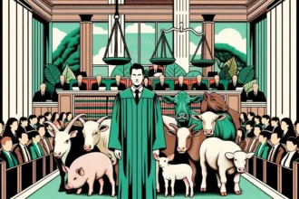 A courtroom setting with a balance of nature and urban elements in the background. In the foreground, a human figure, representing Jordi Casamitjana, stands with a group of animals, symbolizing ethical veganism. Behind them, legal documents and scales of justice are displayed, emphasizing the legal context. The overall tone is contemplative, highlighting the intersection of law, ethics, and veganism.