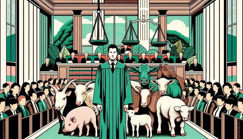Un cadre de tribunal avec un équilibre d'éléments naturels et urbains en arrière-plan. Au premier plan, une figure humaine, représentant Jordi Casamitjana, se tient avec un groupe d'animaux, symbolisant le véganisme éthique. Derrière eux, des documents juridiques et des balances de la justice sont affichés, soulignant le contexte légal. Le ton général est contemplatif, mettant en lumière l'intersection du droit, de l'éthique et du véganisme.