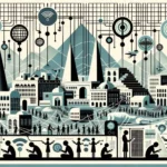 Horizontal collage depicting a city in Ethiopia in shades of gray and blue. In the foreground, stylized illustrations of antennas and networks symbolize internet connectivity. In the background, silhouettes of people using electronic devices, while above them, chains and bars symbolize the regulation and restriction of access, highlighting the challenges of digital expression in Ethiopia.