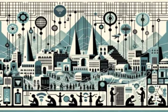 Horizontal collage depicting a city in Ethiopia in shades of gray and blue. In the foreground, stylized illustrations of antennas and networks symbolize internet connectivity. In the background, silhouettes of people using electronic devices, while above them, chains and bars symbolize the regulation and restriction of access, highlighting the challenges of digital expression in Ethiopia.