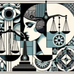 Collage depicting a scale of justice in shades of gray and blue, symbolizing the balance of free speech.
