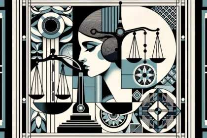 Collage depicting a scale of justice in shades of gray and blue, symbolizing the balance of free speech.