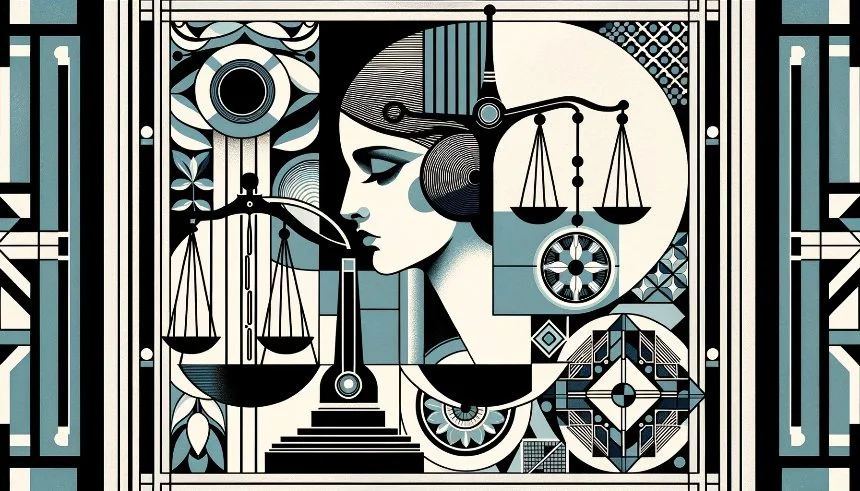 Collage depicting a scale of justice in shades of gray and blue, symbolizing the balance of free speech.