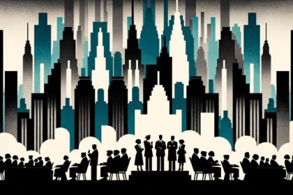Stylized silhouettes of citizens in the foreground engaged in debate, representing free speech, contrasted by looming shadows of government figures in the background, symbolizing governmental influence over public discourse.