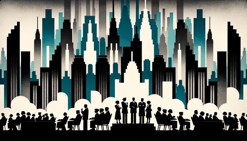 Stylized silhouettes of citizens in the foreground engaged in debate, representing free speech, contrasted by looming shadows of government figures in the background, symbolizing governmental influence over public discourse.