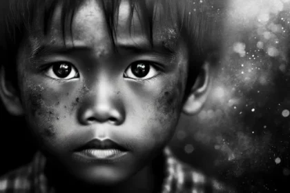 Child with evocative expression symbolizing the concerns and challenges, such as hunger and environmental threats, that future generations will face.