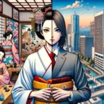 A manga-styled woman, drawn with Renaissance artistic techniques, set against a backdrop that shows two contrasting worlds. On one side, there's a modern office setting with elements of corporate Japan, and on the other side, a traditional Japanese home. The woman is caught in the middle, torn between these two worlds. Her attire blends traditional kimono elements with a modern business suit. The color palette is inspired by Renaissance art, but the imagery and tension in the scene speak to the gender norms discussed in the article, creating a visually striking contrast.