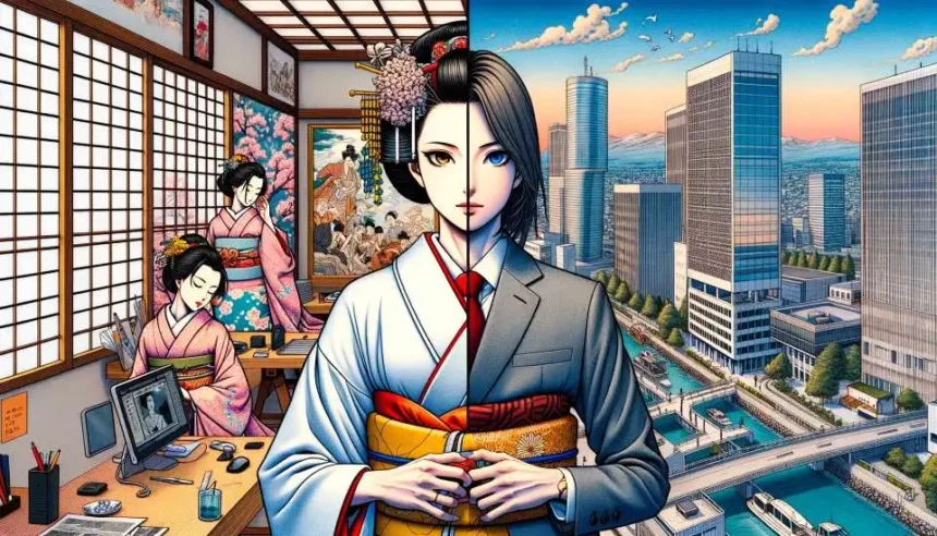 A manga-styled woman, drawn with Renaissance artistic techniques, set against a backdrop that shows two contrasting worlds. On one side, there's a modern office setting with elements of corporate Japan, and on the other side, a traditional Japanese home. The woman is caught in the middle, torn between these two worlds. Her attire blends traditional kimono elements with a modern business suit. The color palette is inspired by Renaissance art, but the imagery and tension in the scene speak to the gender norms discussed in the article, creating a visually striking contrast.
