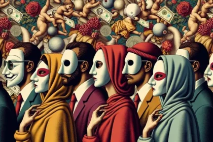 Horizontal illustration that combines Renaissance style with modernity. Human figures wear red masks, evoking the 'Money Heist' series. Employing Renaissance painting techniques: soft colors, earth tones, and pastels. Detailed shading, accurate perspective and proportions. Includes contemporary elements in the composition while maintaining the Renaissance aesthetic.