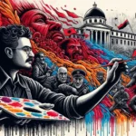 Politically Speaking Art: A horizontal illustration showcasing the evolution of political art in Albania. At the center, an Albanian artist holds a brush. The left half of his face is in shadows and grayscale, symbolizing communism. The right half is bright and vibrant, representing democracy. On both sides, snippets of his paintings depict scenes of resistance and hope. In the background, silhouettes of historic Albanian buildings and contemporary graffiti symbolize freedom of expression.
