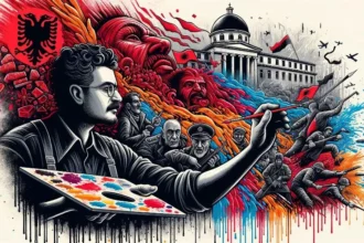 Politically Speaking Art: A horizontal illustration showcasing the evolution of political art in Albania. At the center, an Albanian artist holds a brush. The left half of his face is in shadows and grayscale, symbolizing communism. The right half is bright and vibrant, representing democracy. On both sides, snippets of his paintings depict scenes of resistance and hope. In the background, silhouettes of historic Albanian buildings and contemporary graffiti symbolize freedom of expression.