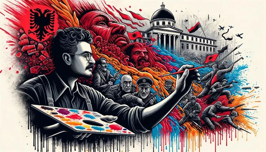Politically Speaking Art: A horizontal illustration showcasing the evolution of political art in Albania. At the center, an Albanian artist holds a brush. The left half of his face is in shadows and grayscale, symbolizing communism. The right half is bright and vibrant, representing democracy. On both sides, snippets of his paintings depict scenes of resistance and hope. In the background, silhouettes of historic Albanian buildings and contemporary graffiti symbolize freedom of expression.