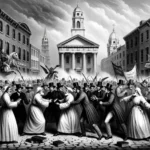 Image depicting the phenomenon of nativism, a key component of radical right-wing politics, as evidenced in the Philadelphia riots of 1844. Catholics are seen in a defensive posture holding Bibles, while nativists appear aggressive. The atmosphere is tense, set against the backdrop of the era's architecture.