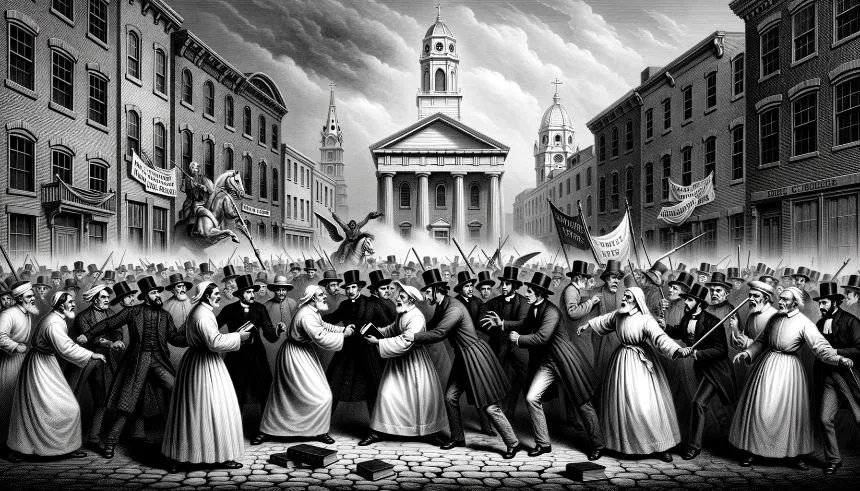 Image depicting the phenomenon of nativism, a key component of radical right-wing politics, as evidenced in the Philadelphia riots of 1844. Catholics are seen in a defensive posture holding Bibles, while nativists appear aggressive. The atmosphere is tense, set against the backdrop of the era's architecture.
