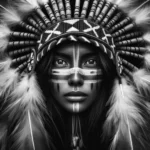 Retrato monocromático de una mujer indígena, encarnando el corazón de un mundo superdiverso. Su mirada penetrante, junto con su tocado de plumas y pintura facial ritualística, subrayan la profunda esencia de la superdiversidad y la auténtica riqueza cultural.